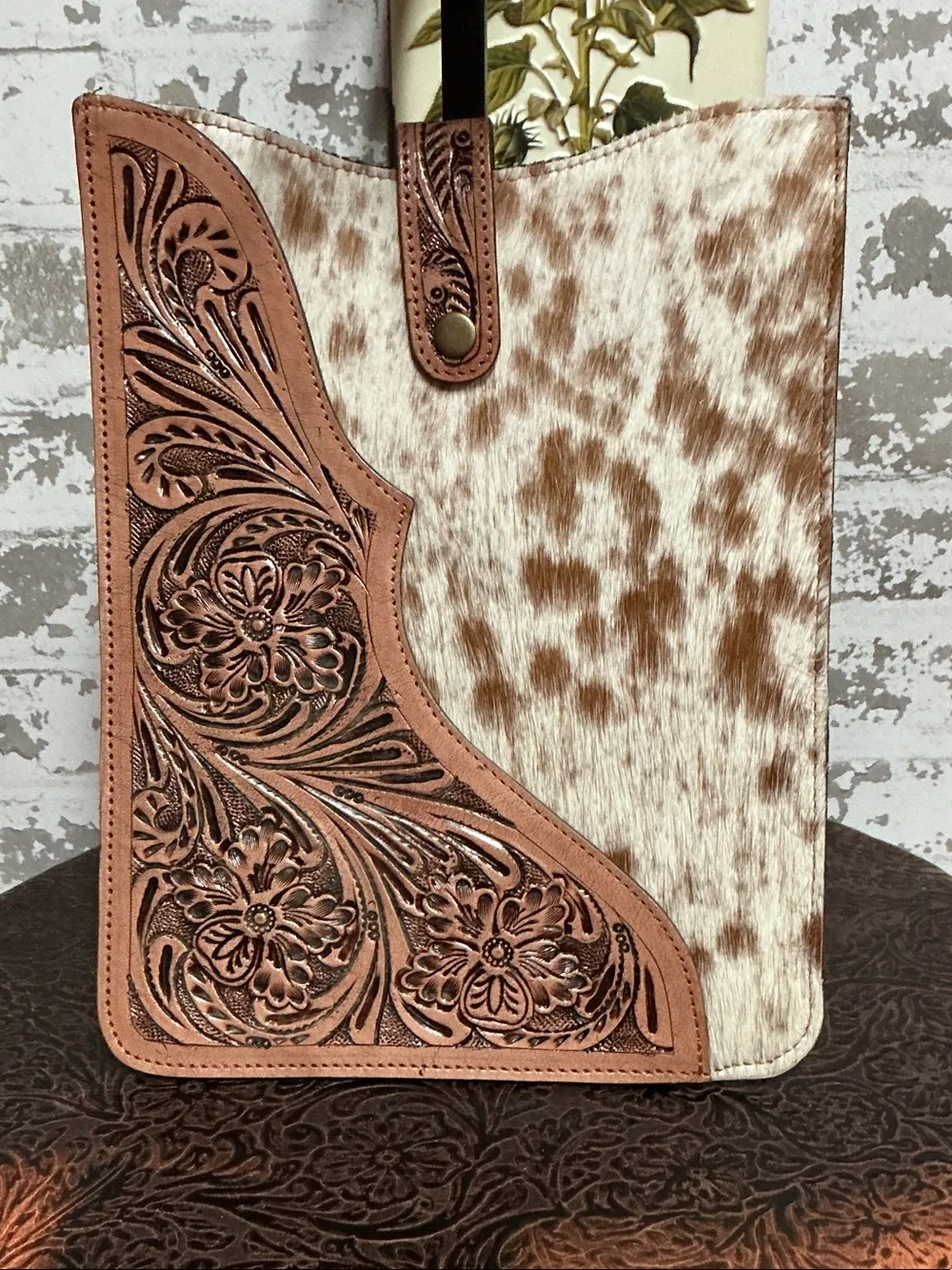 Tooled Leather & Cowhide Tote Bag - Brown & White